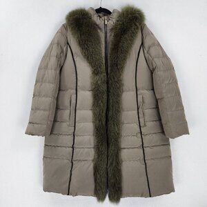 Crocodile Coat Womens Medium Green Down Puffer Parka Fox Fur Trim Rabbit Fur NEW